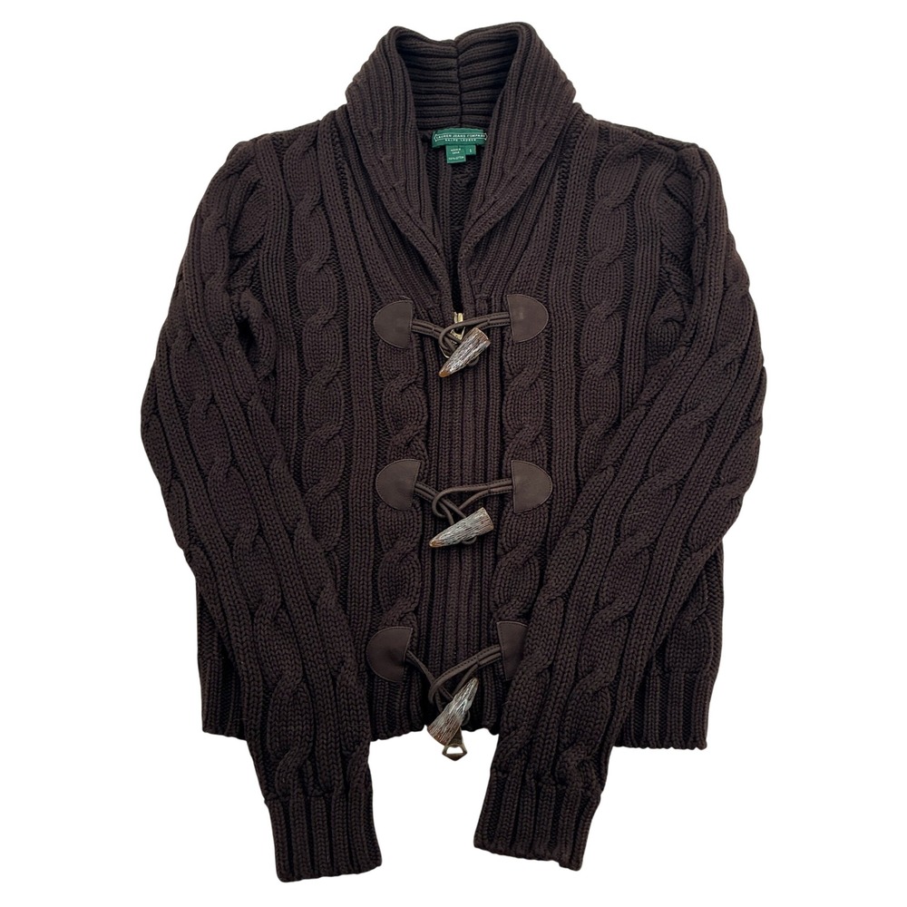 Vintage Lauren Ralph Lauren Cardigan Womens Small Brown Cable Knit Toggle Zip